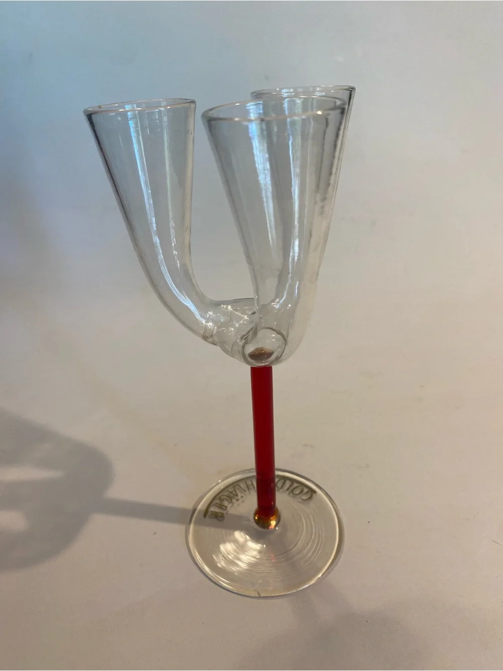 Vintage Goldschläger Triple Flute Shot Glass — Hand-Blown Red Stem Cordial Glass